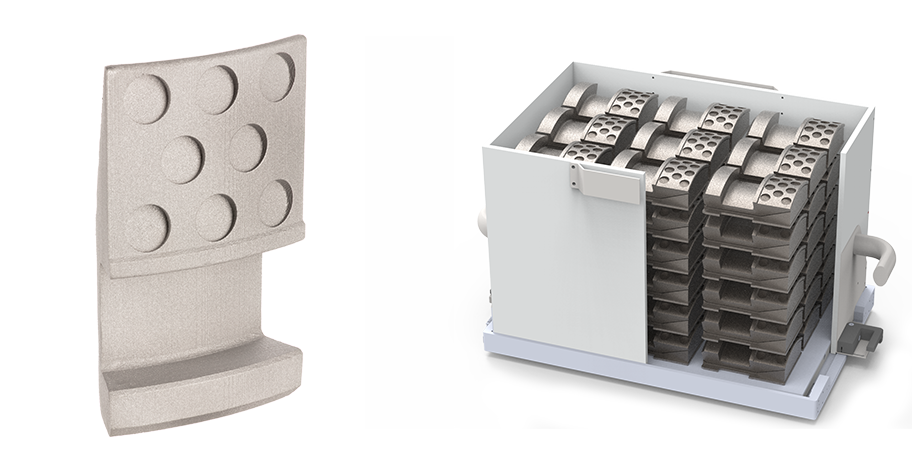 3D printed Down Hole Tool Slip  next to illustration of a full build volume of the same Tool Slip  design